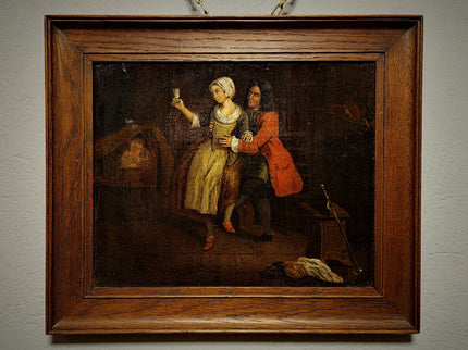 Antique Dutch Genre Painting, Gentleman And Maid Scene, 18th Century Oil On Canvas, Old Master Style, Dark Moody Framed Wall Art Decor