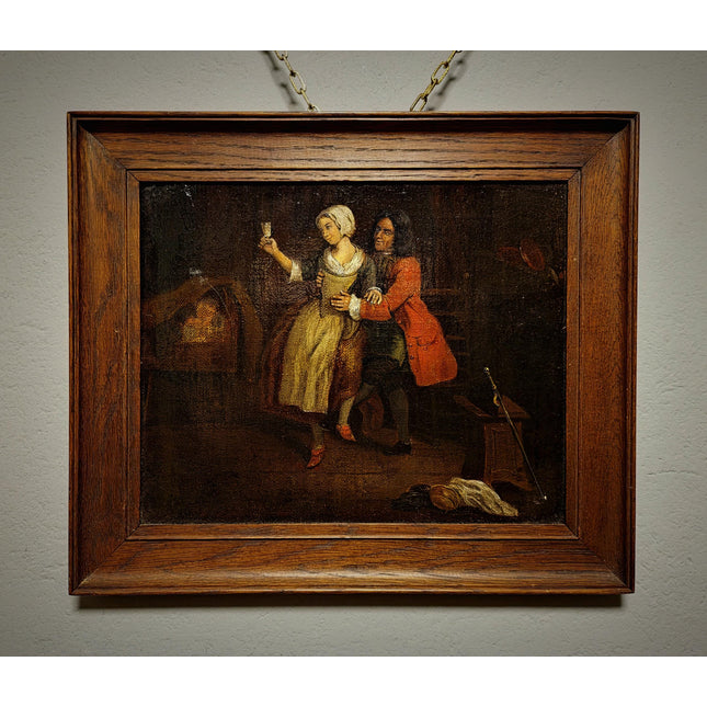 Antique Dutch Genre Painting, Gentleman And Maid Scene, 18th Century Oil On Canvas, Old Master Style, Dark Moody Framed Wall Art Decor