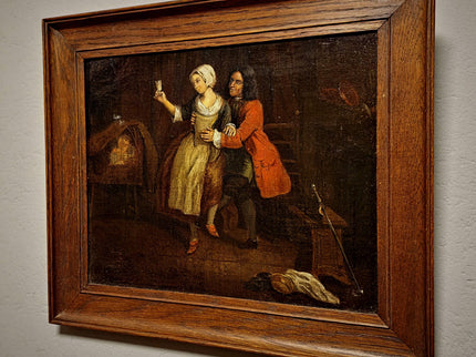 Antique Dutch Genre Painting, Gentleman And Maid Scene, 18th Century Oil On Canvas, Old Master Style, Dark Moody Framed Wall Art Decor