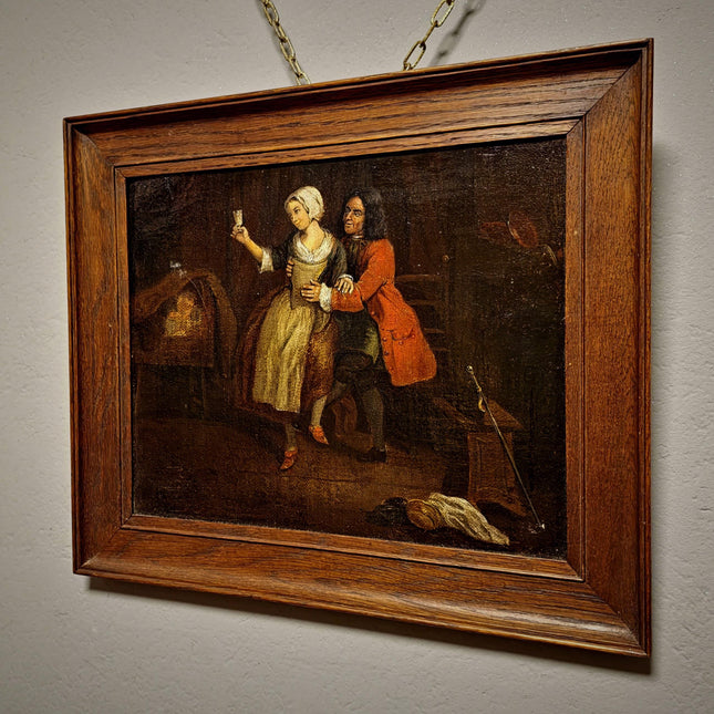 Antique Dutch Genre Painting, Gentleman And Maid Scene, 18th Century Oil On Canvas, Old Master Style, Dark Moody Framed Wall Art Decor