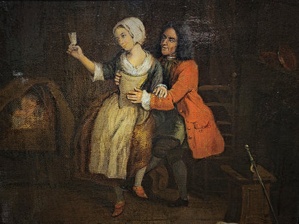 Antique Dutch Genre Painting, Gentleman And Maid Scene, 18th Century Oil On Canvas, Old Master Style, Dark Moody Framed Wall Art Decor