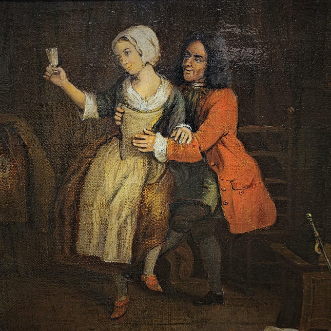 Antique Dutch Genre Painting, Gentleman And Maid Scene, 18th Century Oil On Canvas, Old Master Style, Dark Moody Framed Wall Art Decor