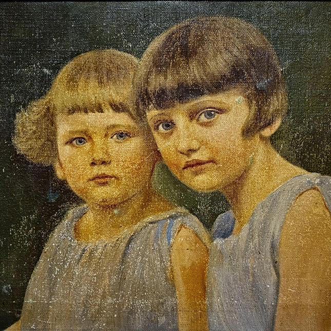 Antique Children Portrait Painting, German Vintage Kids Oil Artwork, Family Figurative Scene, Original Canvas, Framed Wall Decor