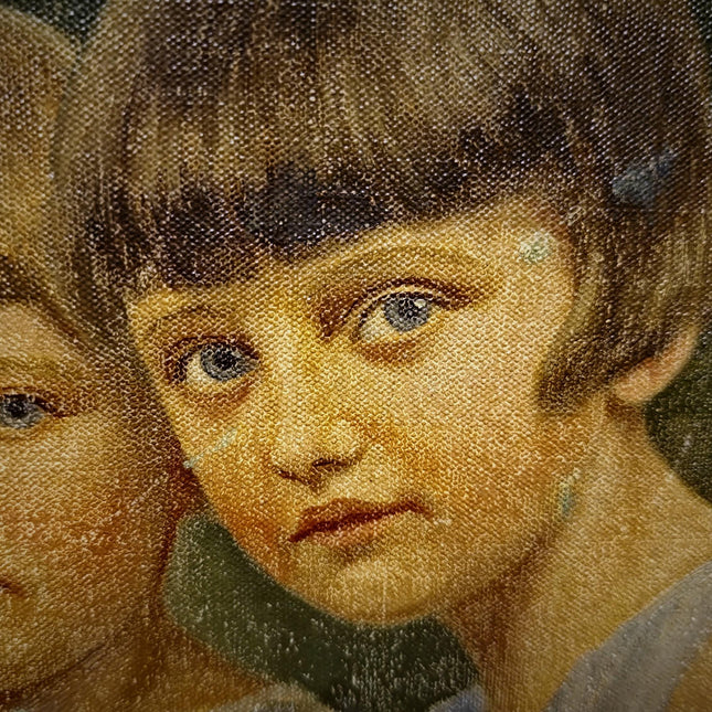 Antique Children Portrait Painting, German Vintage Kids Oil Artwork, Family Figurative Scene, Original Canvas, Framed Wall Decor