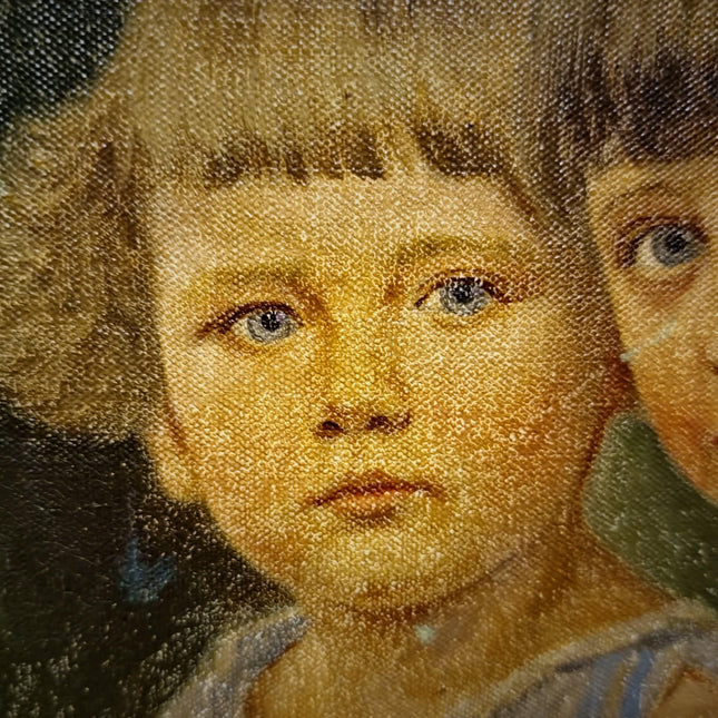 Antique Children Portrait Painting, German Vintage Kids Oil Artwork, Family Figurative Scene, Original Canvas, Framed Wall Decor