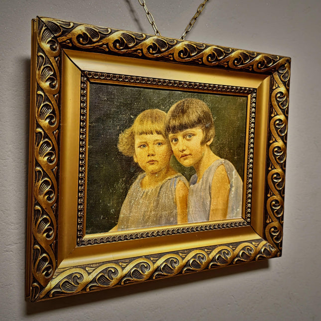Antique Children Portrait Painting, German Vintage Kids Oil Artwork, Family Figurative Scene, Original Canvas, Framed Wall Decor