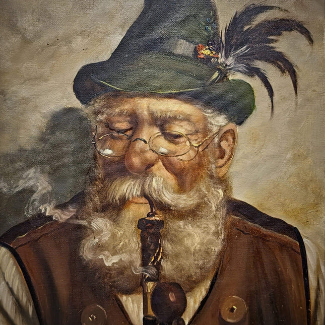 Vintage German Character Portrait Oil Painting, Old Man With Pipe, Bavarian Folk Artwork, Rustic Wall Decor, Man Cave Decor