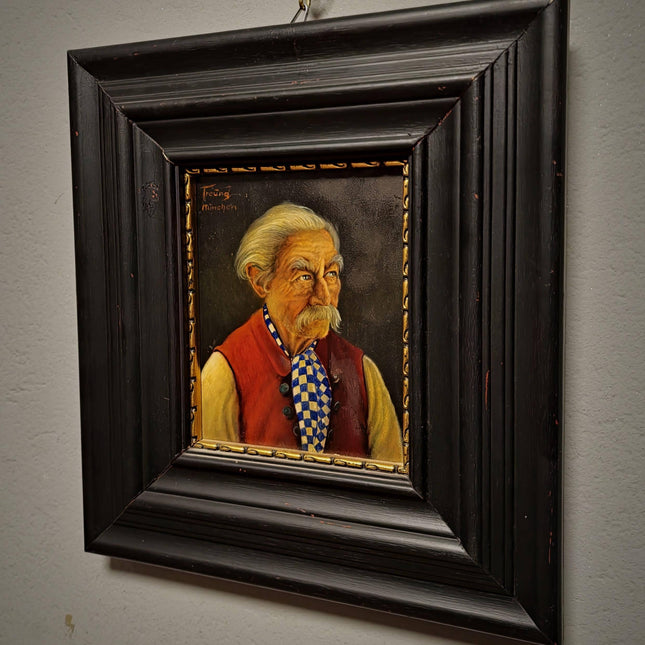 Antique Bavarian Portrait Oil Painting, Signed Folk Artwork, German Gentleman, Rustic Wall Decor, Man Cave Interior, Framed Character Art