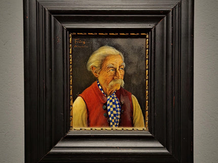 Antique Bavarian Portrait Oil Painting, Signed Folk Artwork, German Gentleman, Rustic Wall Decor, Man Cave Interior, Framed Character Art