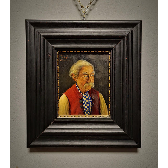 Antique Bavarian Portrait Oil Painting, Signed Folk Artwork, German Gentleman, Rustic Wall Decor, Man Cave Interior, Framed Character Art