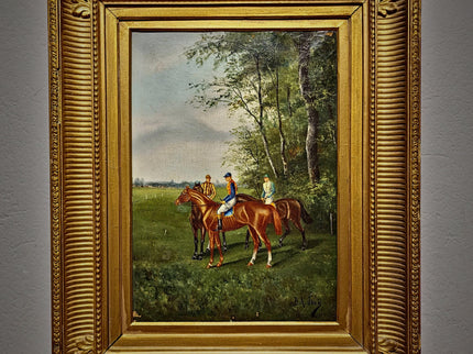 Antique French Horse Racing Oil Painting, 19th century Equestrian Artwork, Jockey Scene, Country House Decor, Gold Frame, Sporting Wall Art