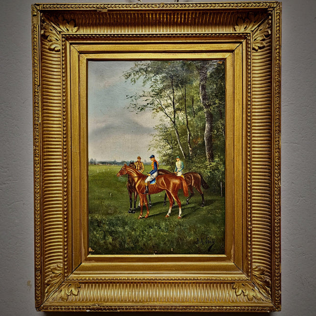 Antique French Horse Racing Oil Painting, 19th century Equestrian Artwork, Jockey Scene, Country House Decor, Gold Frame, Sporting Wall Art