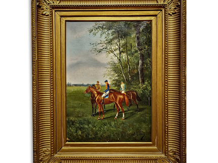 Antique French Horse Racing Oil Painting, 19th century Equestrian Artwork, Jockey Scene, Country House Decor, Gold Frame, Sporting Wall Art