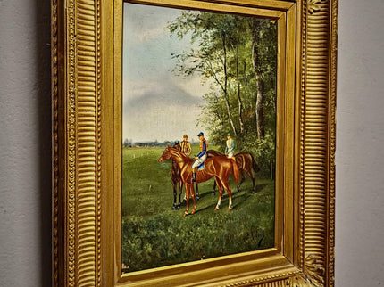 Antique French Horse Racing Oil Painting, 19th century Equestrian Artwork, Jockey Scene, Country House Decor, Gold Frame, Sporting Wall Art