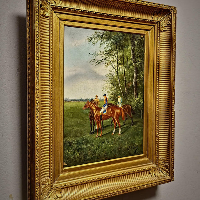 Antique French Horse Racing Oil Painting, 19th century Equestrian Artwork, Jockey Scene, Country House Decor, Gold Frame, Sporting Wall Art