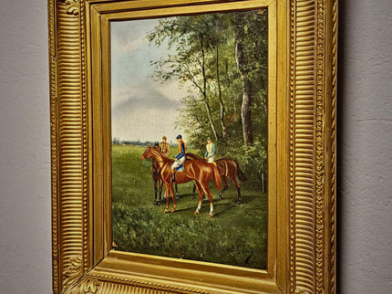 Antique French Horse Racing Oil Painting, 19th century Equestrian Artwork, Jockey Scene, Country House Decor, Gold Frame, Sporting Wall Art