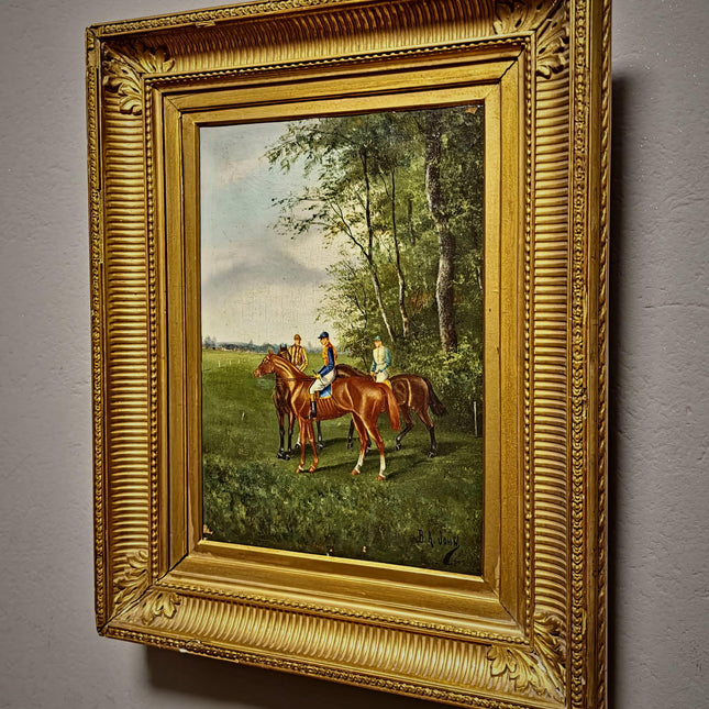 Antique French Horse Racing Oil Painting, 19th century Equestrian Artwork, Jockey Scene, Country House Decor, Gold Frame, Sporting Wall Art
