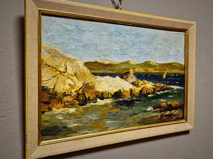 Antique French Coastal Landscape Oil Painting, Mediterranean Seascape, Provence Artwork, Impasto Marine, Seaside Wall Decor, Ocean View