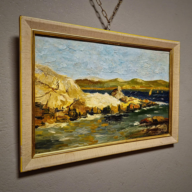 Antique French Coastal Landscape Oil Painting, Mediterranean Seascape, Provence Artwork, Impasto Marine, Seaside Wall Decor, Ocean View
