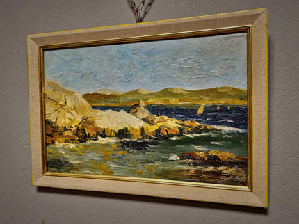 Antique French Coastal Landscape Oil Painting, Mediterranean Seascape, Provence Artwork, Impasto Marine, Seaside Wall Decor, Ocean View