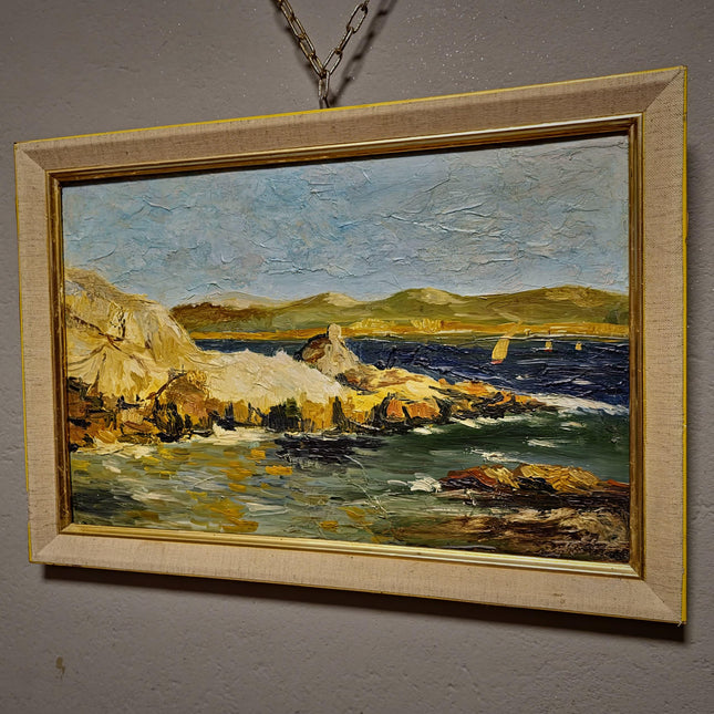 Antique French Coastal Landscape Oil Painting, Mediterranean Seascape, Provence Artwork, Impasto Marine, Seaside Wall Decor, Ocean View