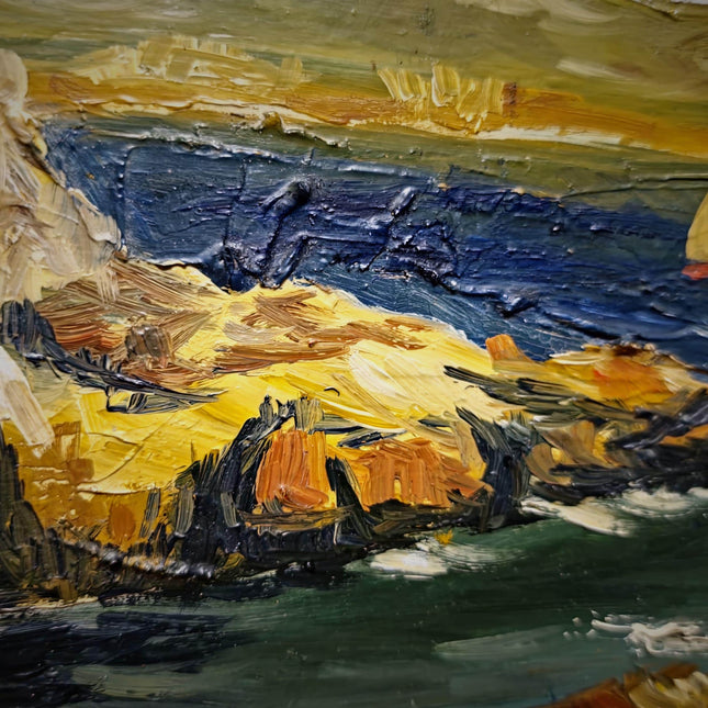 Antique French Coastal Landscape Oil Painting, Mediterranean Seascape, Provence Artwork, Impasto Marine, Seaside Wall Decor, Ocean View