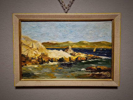 Antique French Coastal Landscape Oil Painting, Mediterranean Seascape, Provence Artwork, Impasto Marine, Seaside Wall Decor, Ocean View
