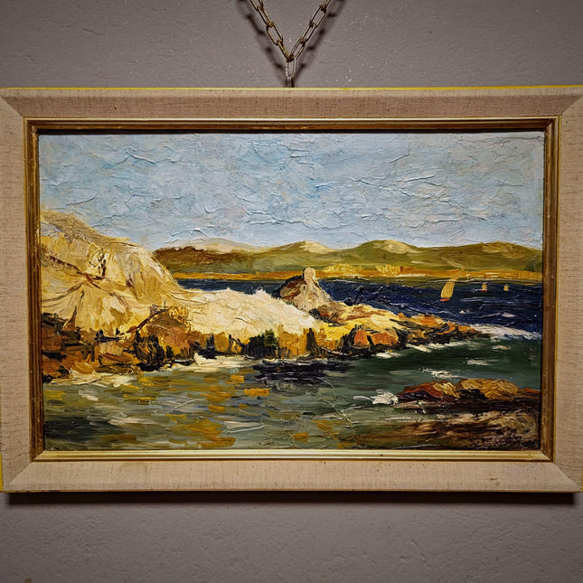 Antique French Coastal Landscape Oil Painting, Mediterranean Seascape, Provence Artwork, Impasto Marine, Seaside Wall Decor, Ocean View