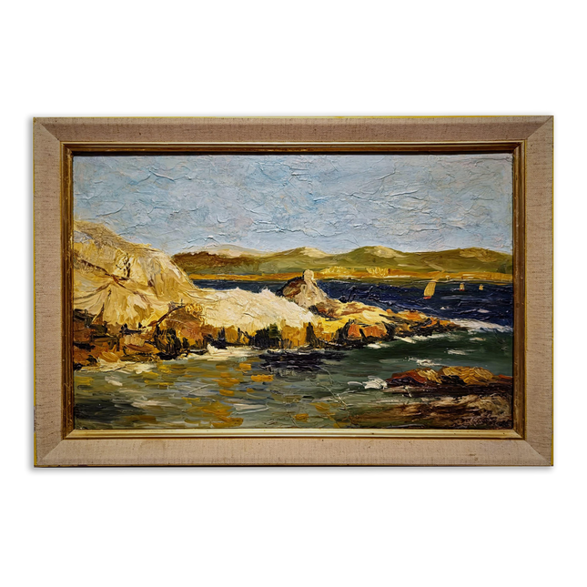 Antique French Coastal Landscape Oil Painting, Mediterranean Seascape, Provence Artwork, Impasto Marine, Seaside Wall Decor, Ocean View