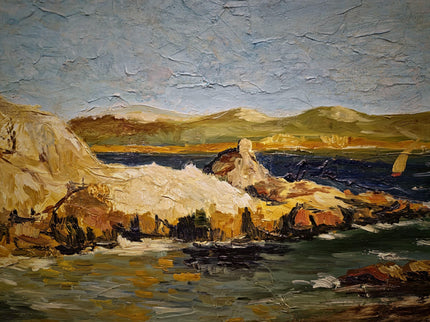 Antique French Coastal Landscape Oil Painting, Mediterranean Seascape, Provence Artwork, Impasto Marine, Seaside Wall Decor, Ocean View