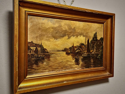 Antique Dutch Canal Oil Painting, Flemish Landscape, Signed River Scene Artwork, Original European Fine Art, Gold Framed Nautical Wall Decor