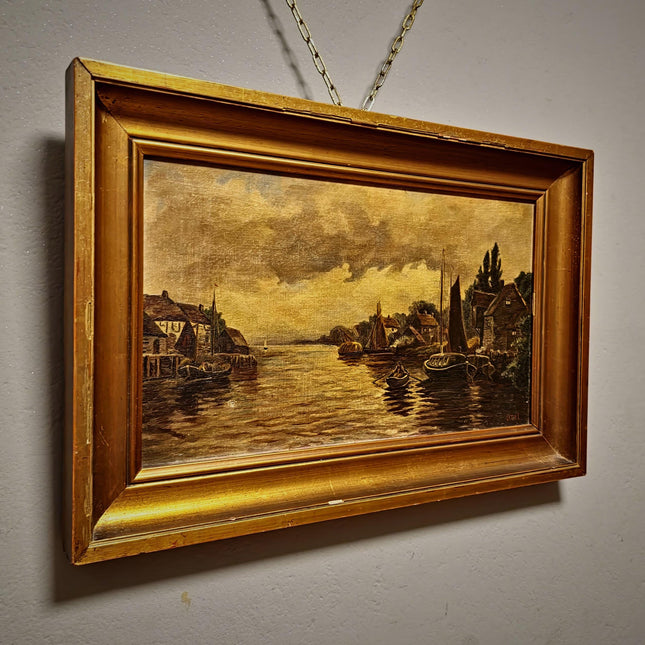 Antique Dutch Canal Oil Painting, Flemish Landscape, Signed River Scene Artwork, Original European Fine Art, Gold Framed Nautical Wall Decor