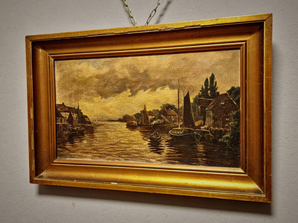 Antique Dutch Canal Oil Painting, Flemish Landscape, Signed River Scene Artwork, Original European Fine Art, Gold Framed Nautical Wall Decor
