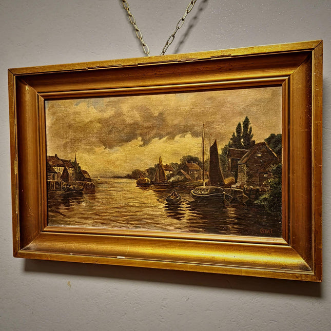 Antique Dutch Canal Oil Painting, Flemish Landscape, Signed River Scene Artwork, Original European Fine Art, Gold Framed Nautical Wall Decor