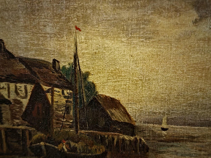Antique Dutch Canal Oil Painting, Flemish Landscape, Signed River Scene Artwork, Original European Fine Art, Gold Framed Nautical Wall Decor
