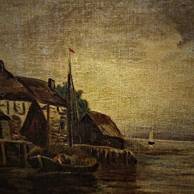 Antique Dutch Canal Oil Painting, Flemish Landscape, Signed River Scene Artwork, Original European Fine Art, Gold Framed Nautical Wall Decor