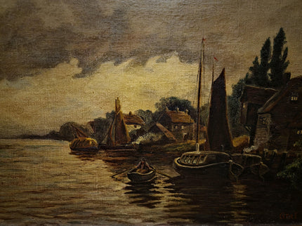Antique Dutch Canal Oil Painting, Flemish Landscape, Signed River Scene Artwork, Original European Fine Art, Gold Framed Nautical Wall Decor