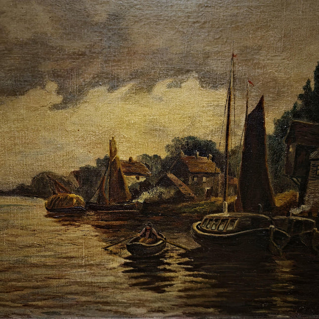 Antique Dutch Canal Oil Painting, Flemish Landscape, Signed River Scene Artwork, Original European Fine Art, Gold Framed Nautical Wall Decor