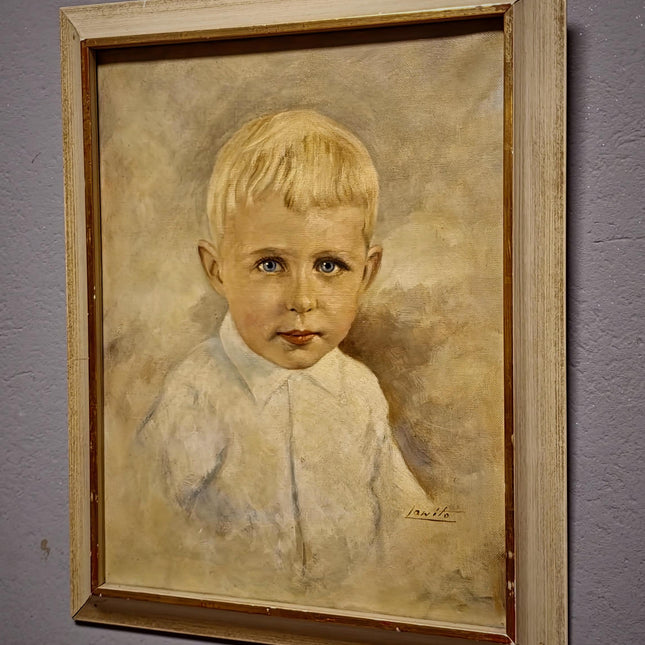 Antique German Child Portrait Oil Painting, Original Boy Artwork, Signed Framed Canvas, Vintage Sentimental Art, Nursery Wall Decor