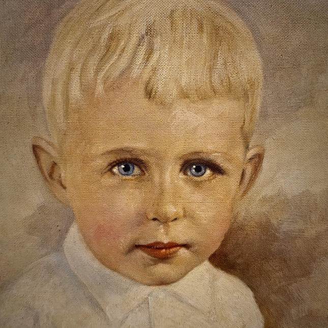 Antique German Child Portrait Oil Painting, Original Boy Artwork, Signed Framed Canvas, Vintage Sentimental Art, Nursery Wall Decor
