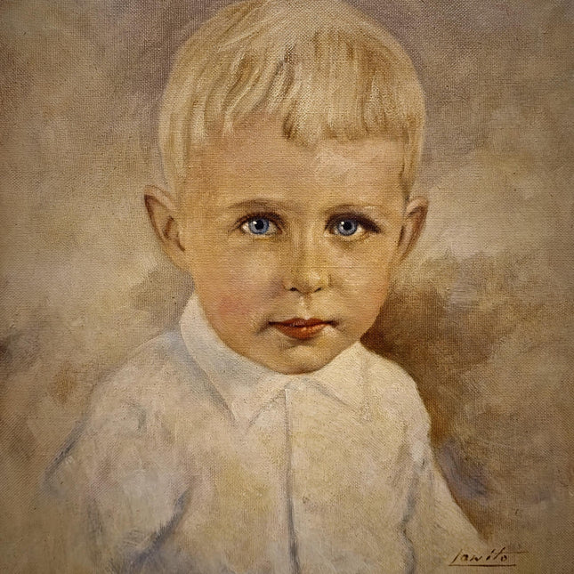 Antique German Child Portrait Oil Painting, Original Boy Artwork, Signed Framed Canvas, Vintage Sentimental Art, Nursery Wall Decor