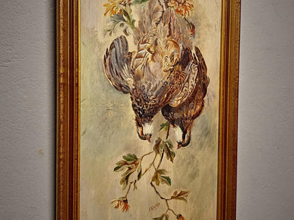 Antique French Hunting Still Life Oil Painting, Signed Game Birds Artwork, Framed Original European Fine Art, Rustic Farmhouse Trophy Decor