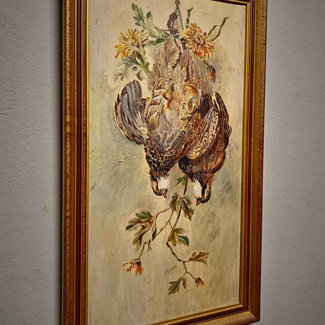 Antique French Hunting Still Life Oil Painting, Signed Game Birds Artwork, Framed Original European Fine Art, Rustic Farmhouse Trophy Decor