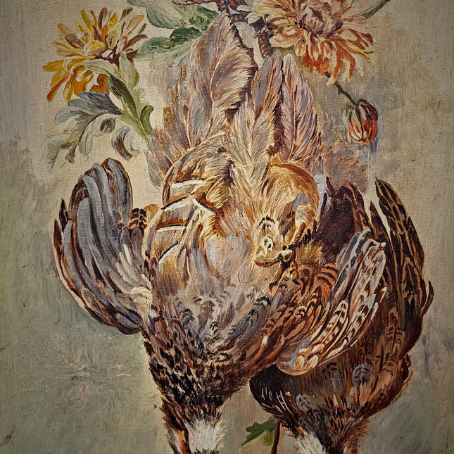 Antique French Hunting Still Life Oil Painting, Signed Game Birds Artwork, Framed Original European Fine Art, Rustic Farmhouse Trophy Decor