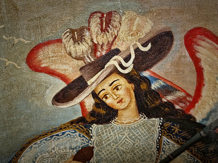 Antique Religious Painting, Armed Angel Art, Spanish Colonial Style, Andean Devotional Oil, Folk Catholic Wall Decor, Gothic Interior