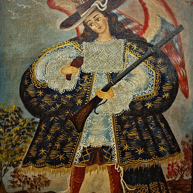Antique Religious Painting, Armed Angel Art, Spanish Colonial Style, Andean Devotional Oil, Folk Catholic Wall Decor, Gothic Interior