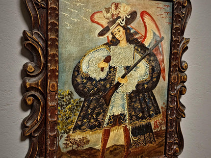 Antique Religious Painting, Armed Angel Art, Spanish Colonial Style, Andean Devotional Oil, Folk Catholic Wall Decor, Gothic Interior