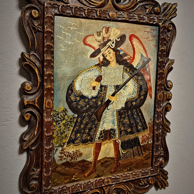Antique Religious Painting, Armed Angel Art, Spanish Colonial Style, Andean Devotional Oil, Folk Catholic Wall Decor, Gothic Interior