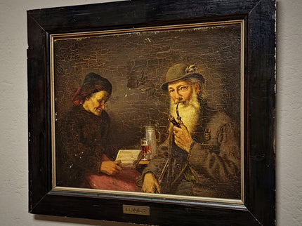 Antique Genre Oil Painting, German Interior Scene, Munich School Art, 19th Century Artwork, Biedermeier Style, Dark Moody Framed Wall Decor