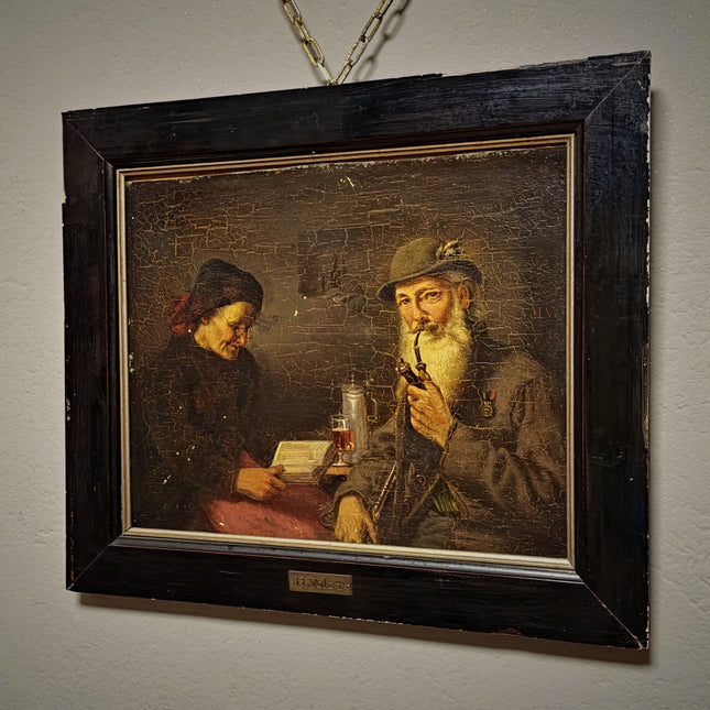 Antique Genre Oil Painting, German Interior Scene, Munich School Art, 19th Century Artwork, Biedermeier Style, Dark Moody Framed Wall Decor